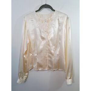 VINTAGE Nicola Ivory Blouse, Size 8, Satin, embroidered Beaded on front pleats